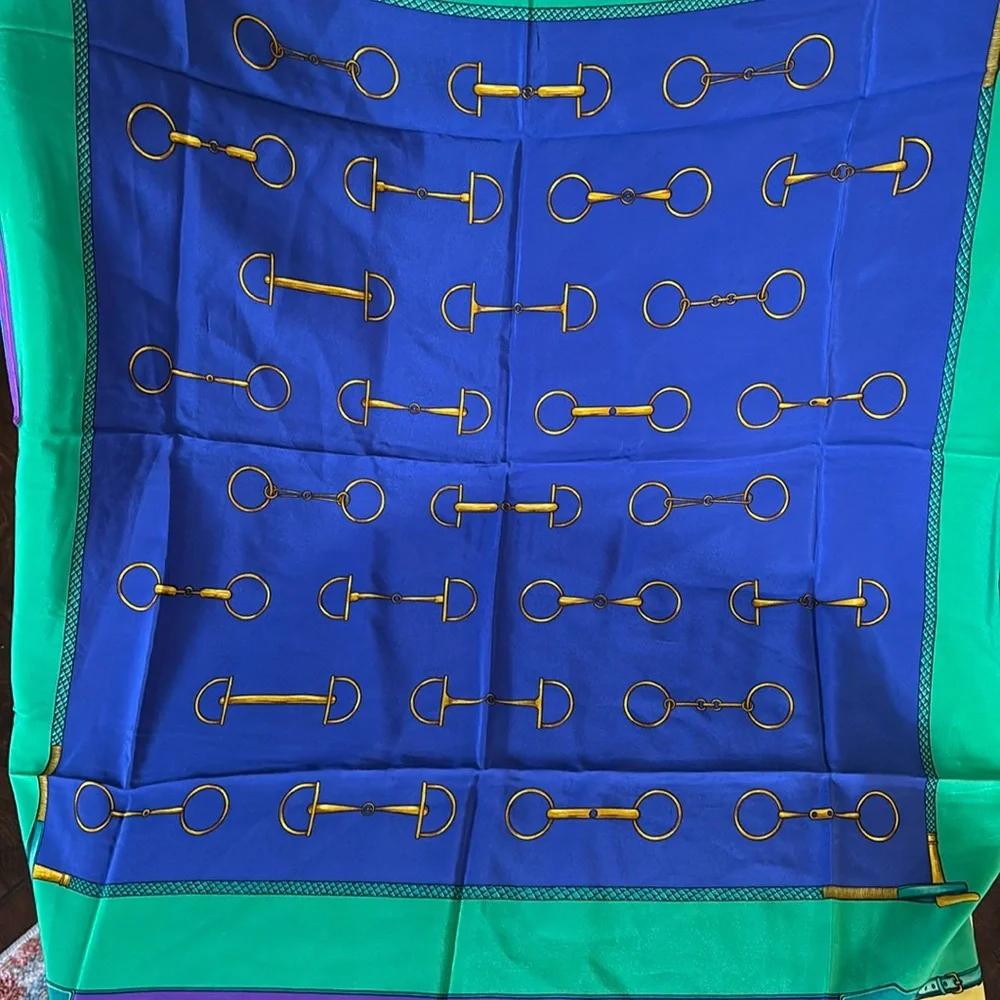 Silk link Print Scarf in Royal Blue, Green & Yellow